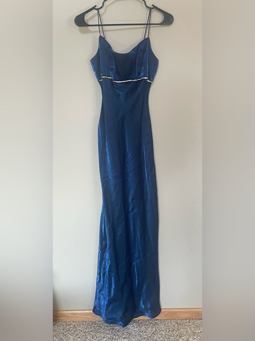 Vintage Jump Deep Blue Satin Maxi Dress with Rhinestones